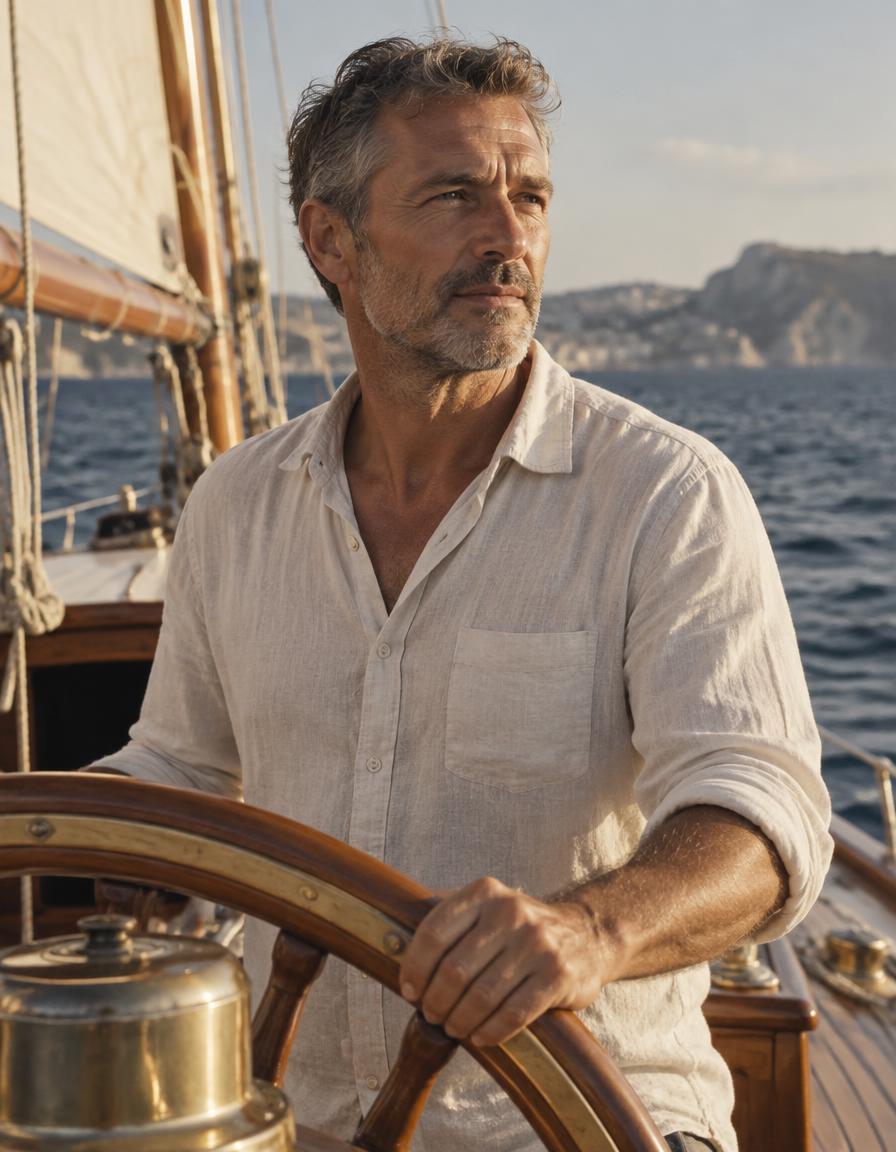 Adrian Costa at the helm of a sailing yacht