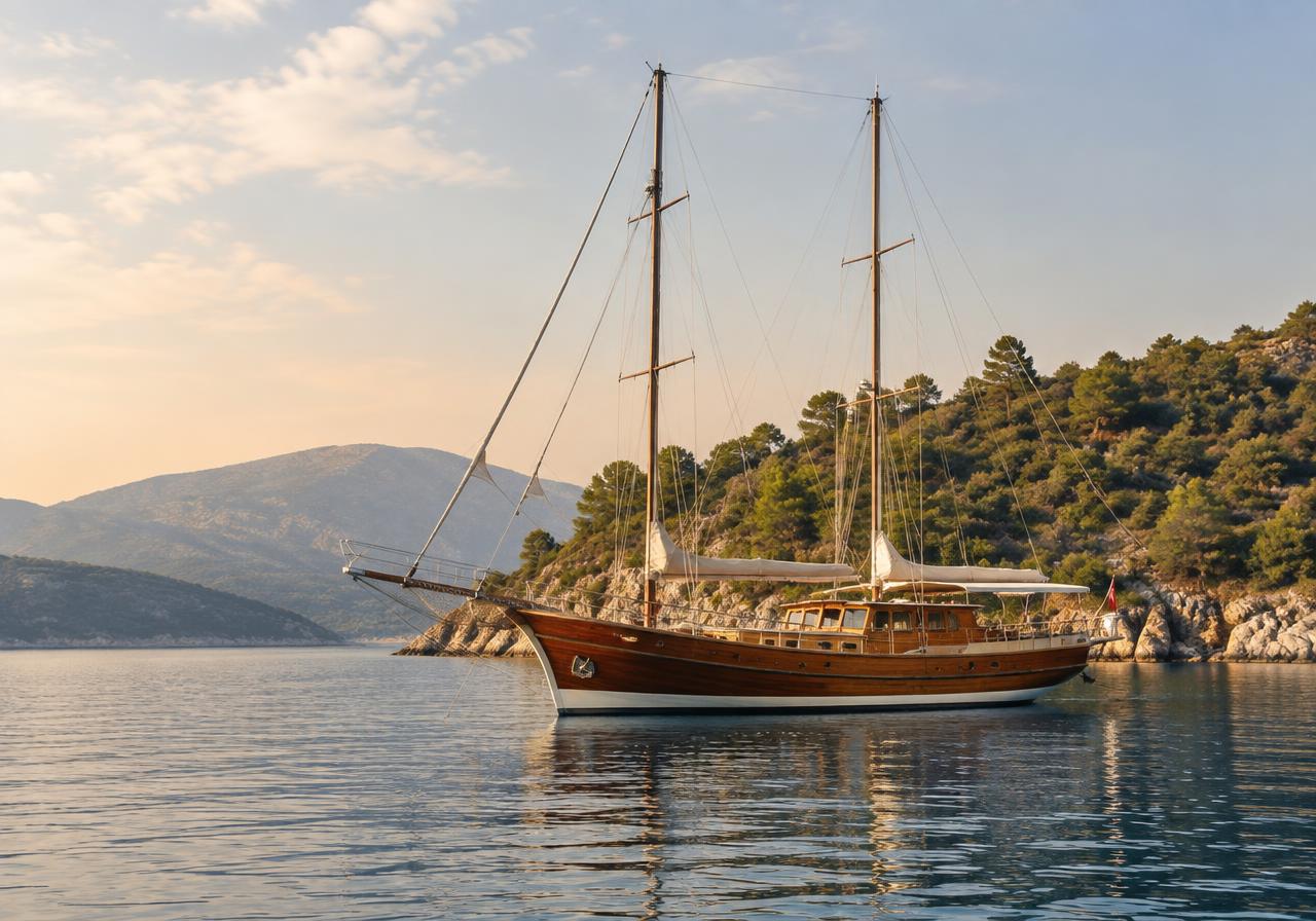 Classic sailing yacht at anchor